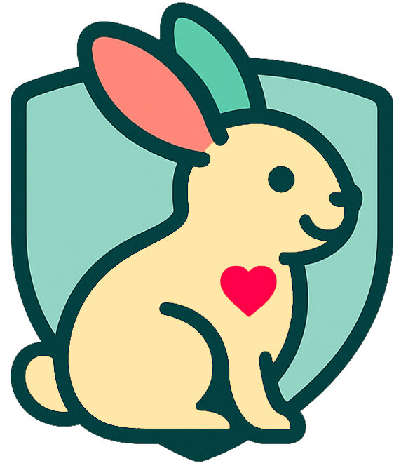 Bunter Hase vor einem Schutzschild als Logo